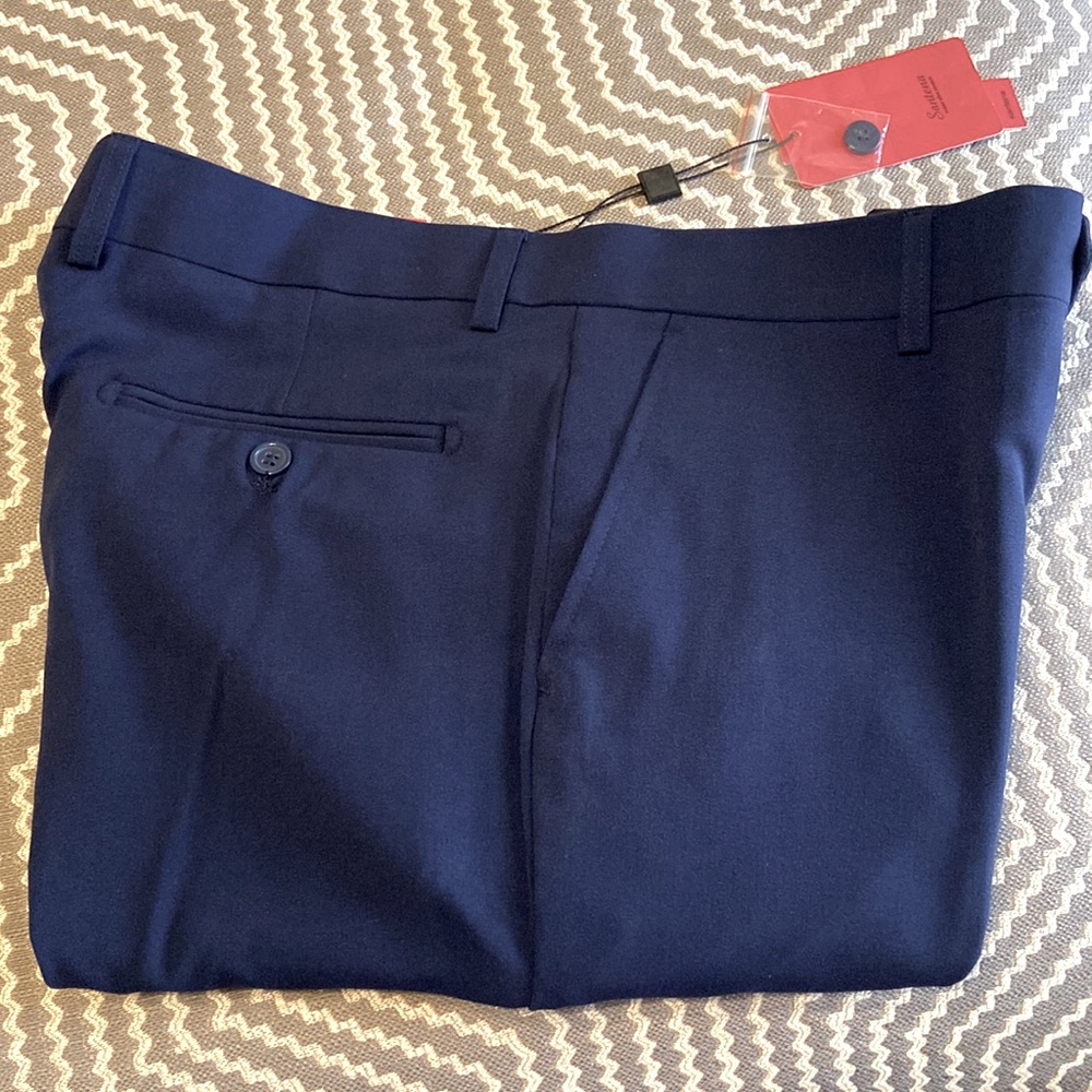 Blue flat front dress pants.  34W x 28L.  New!